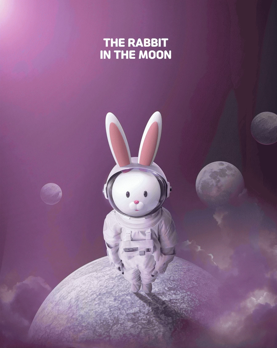 卡通趣味兔年宇航员宇宙星球兔子主视觉KV海报PSD分层设计素材【006】